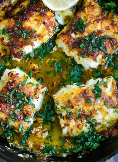 Delicious Greek Style Baked Cod served with herbs and lemon.