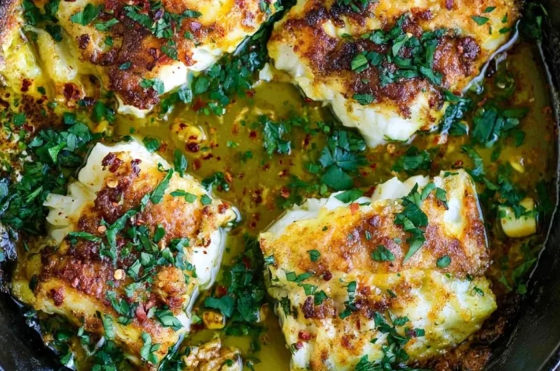 Delicious Greek Style Baked Cod served with herbs and lemon.