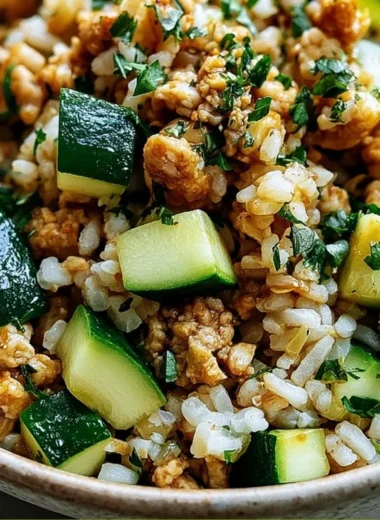 Delicious Ground Chicken Zucchini Rice Skillet with colorful vegetables