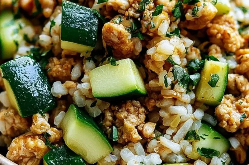 Delicious Ground Chicken Zucchini Rice Skillet with colorful vegetables