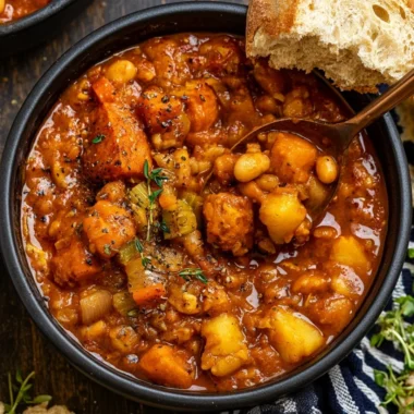 Bowl of hearty vegan sweet potato stew garnished with fresh herbs