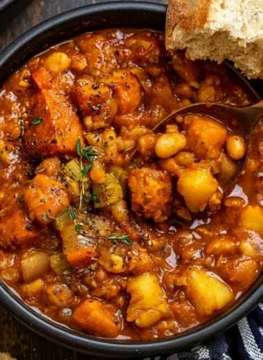 Bowl of hearty vegan sweet potato stew garnished with fresh herbs