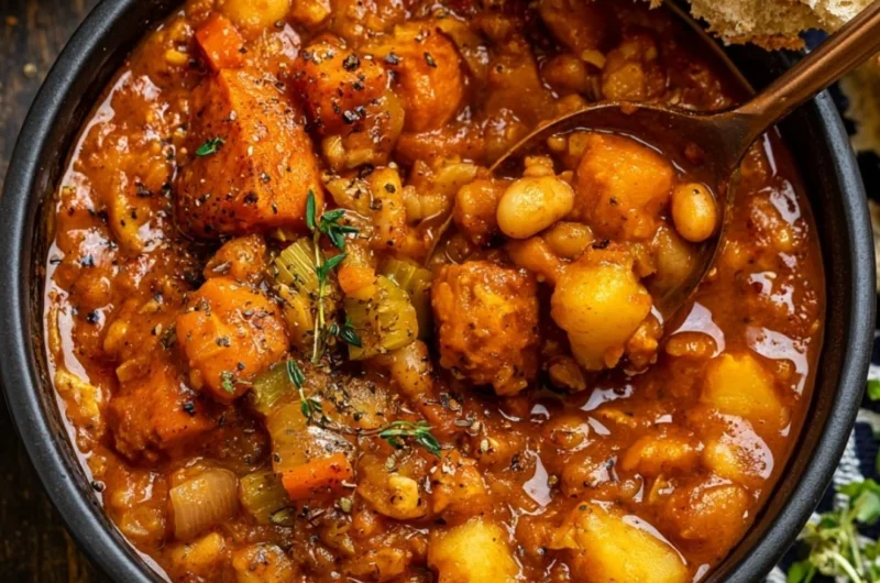 Bowl of hearty vegan sweet potato stew garnished with fresh herbs