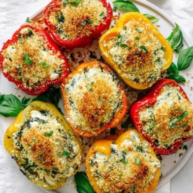 Herby ricotta stuffed peppers arranged on a plate