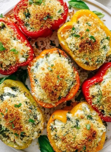 Herby ricotta stuffed peppers arranged on a plate