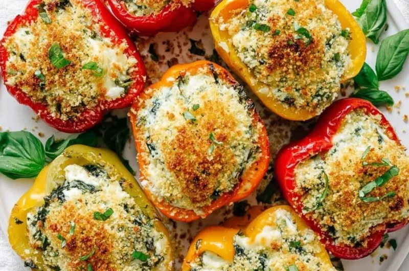 Herby ricotta stuffed peppers arranged on a plate