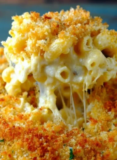 Creamy homemade baked mac and cheese served in a casserole dish