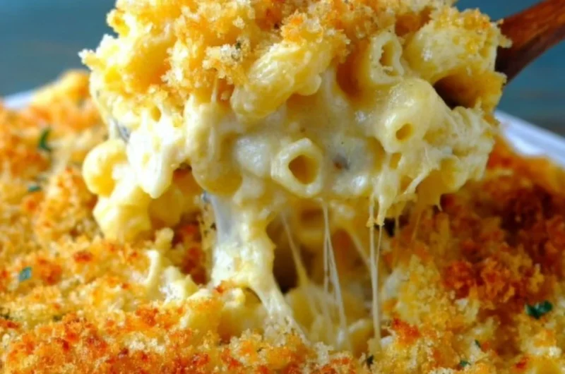 Creamy homemade baked mac and cheese served in a casserole dish