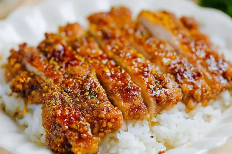 Honey Garlic Crispy Chicken served on a plate with garnishes