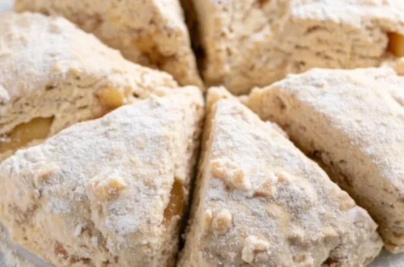 Delicious soft spiced apple scones on a wooden table