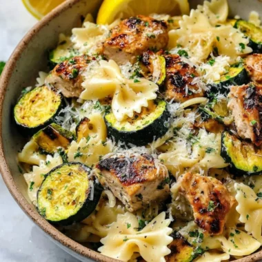 Plate of Italian Lemon Chicken Pasta garnished with herbs and lemon slices