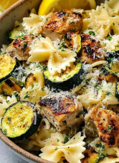 Plate of Italian Lemon Chicken Pasta garnished with herbs and lemon slices
