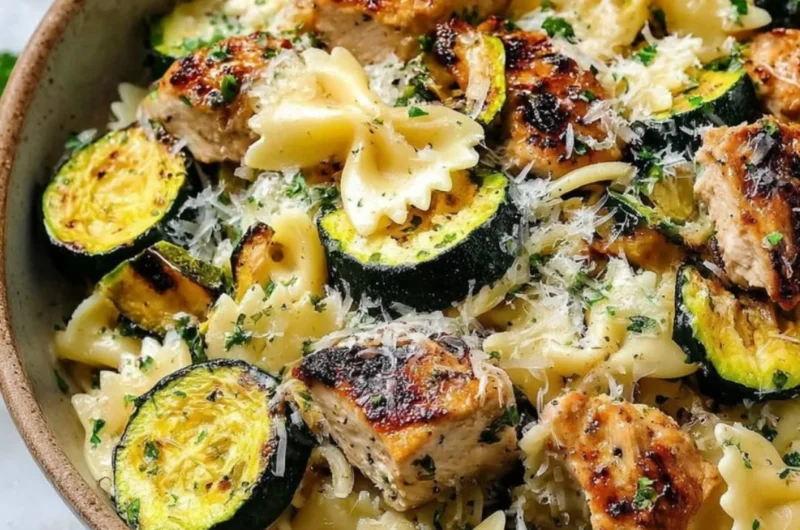Plate of Italian Lemon Chicken Pasta garnished with herbs and lemon slices