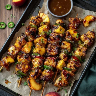 Jalapeno Peach Chicken Skewers grilled to perfection with vibrant colors and flavors.