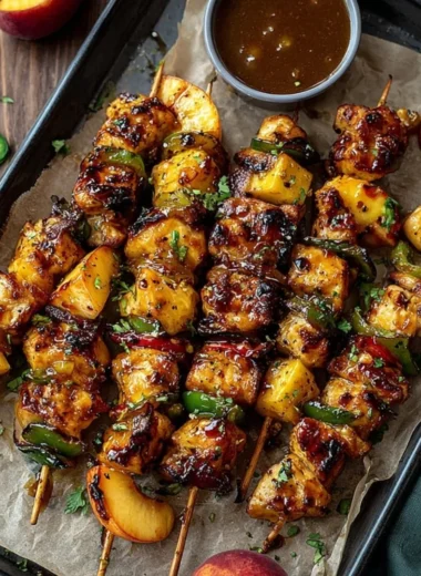 Jalapeno Peach Chicken Skewers grilled to perfection with vibrant colors and flavors.