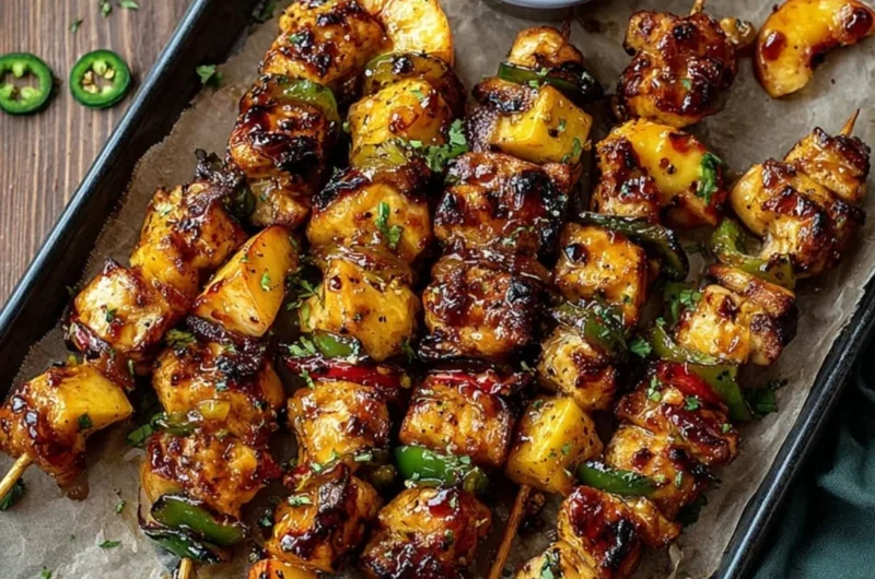 Jalapeno Peach Chicken Skewers grilled to perfection with vibrant colors and flavors.