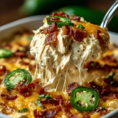 Delicious Jalapeño Popper Chicken Casserole topped with creamy cheese and jalapeños.