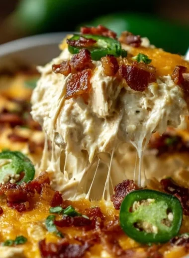 Delicious Jalapeño Popper Chicken Casserole topped with creamy cheese and jalapeños.