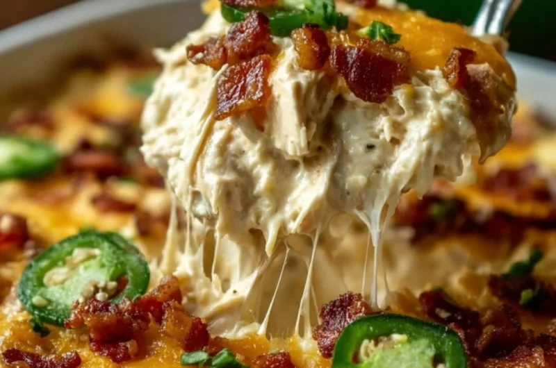 Delicious Jalapeño Popper Chicken Casserole topped with creamy cheese and jalapeños.