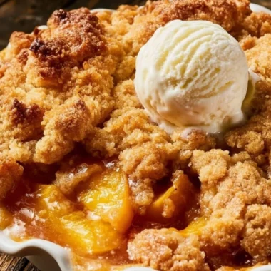Delicious Joanna Gaines peach cobbler served with vanilla ice cream