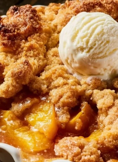 Delicious Joanna Gaines peach cobbler served with vanilla ice cream