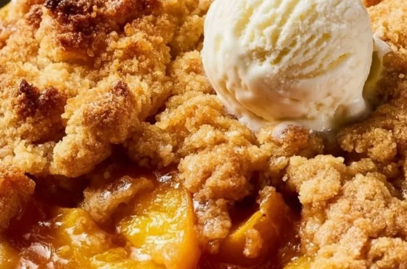 Delicious Joanna Gaines peach cobbler served with vanilla ice cream