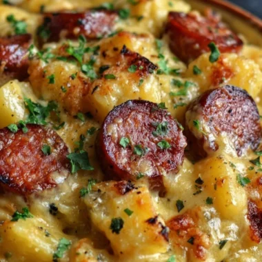 Kielbasa sausage cheesy potato casserole, a hearty one-pan meal.