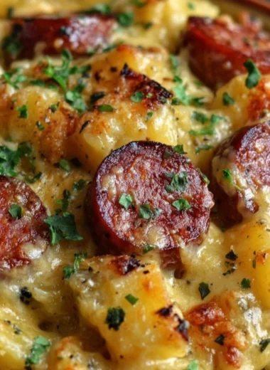 Kielbasa sausage cheesy potato casserole, a hearty one-pan meal.