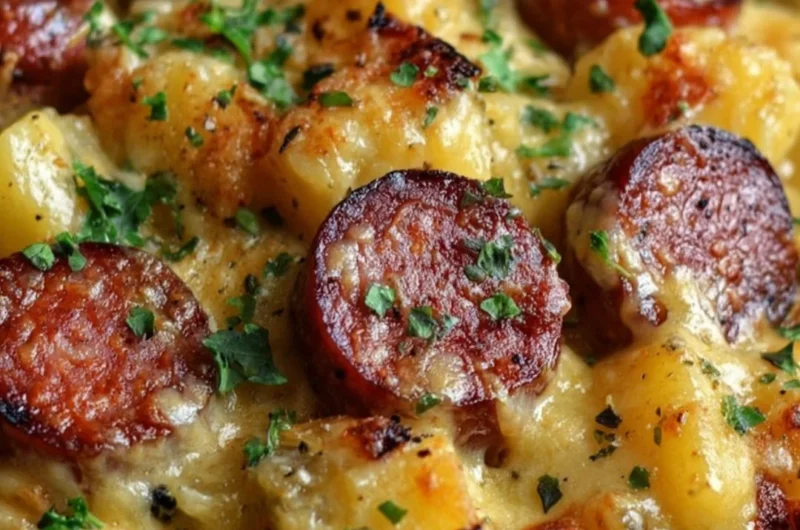 Kielbasa sausage cheesy potato casserole, a hearty one-pan meal.