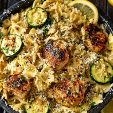 Plate of Lemon Chicken Pasta garnished with parsley and lemon slices.