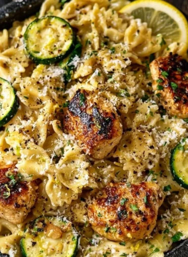 Plate of Lemon Chicken Pasta garnished with parsley and lemon slices.