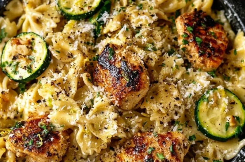 Plate of Lemon Chicken Pasta garnished with parsley and lemon slices.