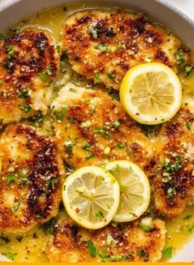 Lemon chicken garnished with lemon butter sauce on a plate.