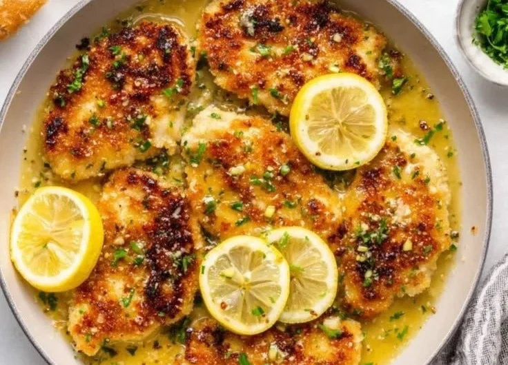 Lemon chicken garnished with lemon butter sauce on a plate.