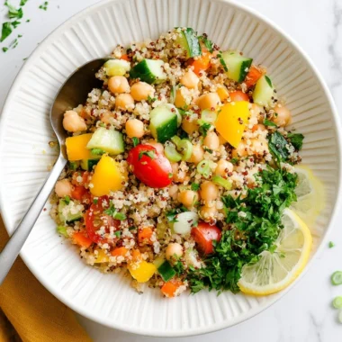A vibrant Lemon Quinoa & Chickpea Salad served in a bowl, showcasing healthy ingredients.