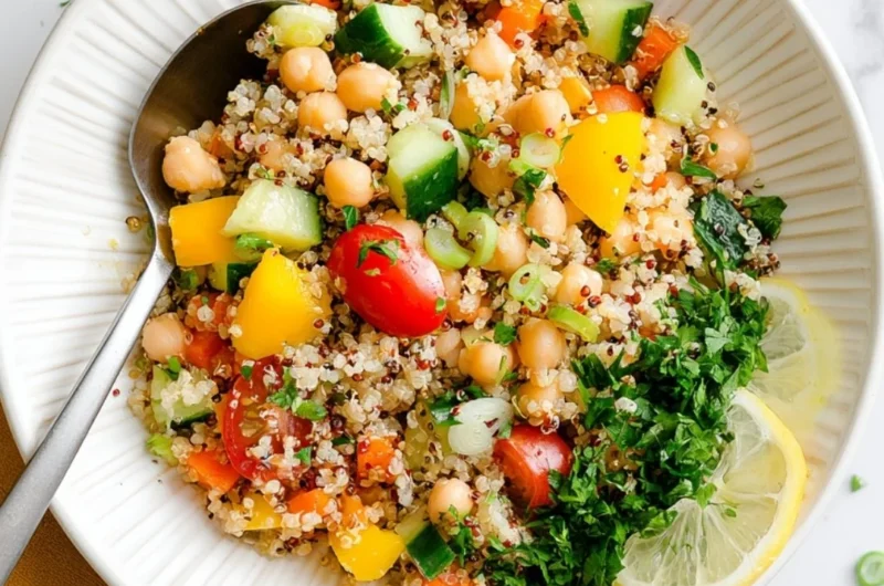 A vibrant Lemon Quinoa & Chickpea Salad served in a bowl, showcasing healthy ingredients.