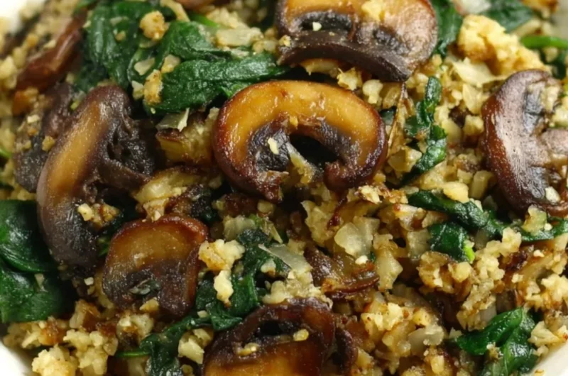 Mushroom Spinach Cauliflower Rice served in a bowl with fresh ingredients
