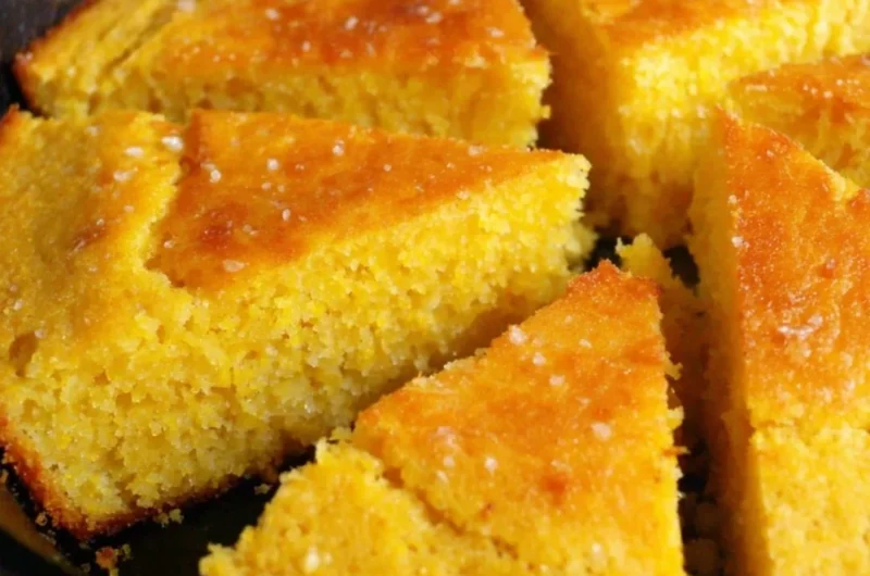 A golden slice of old-fashioned cornbread on a rustic wooden table.
