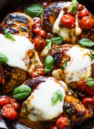 One-pan balsamic chicken with vegetables cooked in a savory glaze