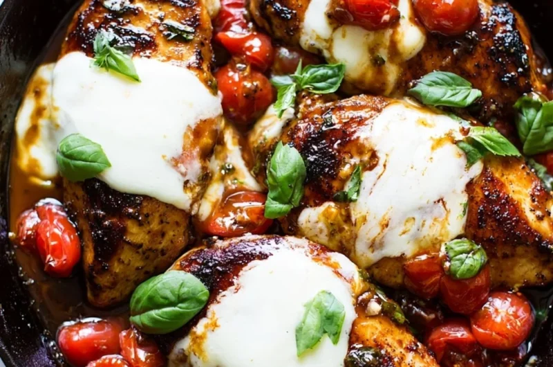 One-pan balsamic chicken with vegetables cooked in a savory glaze