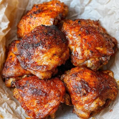 Oven fried chicken thighs crispy and golden, served with herbs and spices.