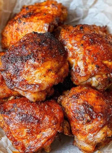 Oven fried chicken thighs crispy and golden, served with herbs and spices.