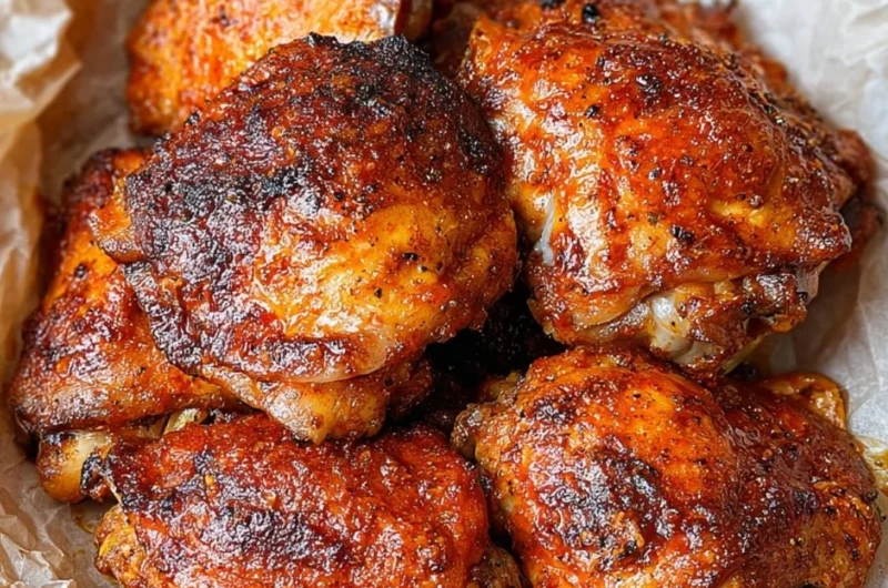 Oven fried chicken thighs crispy and golden, served with herbs and spices.