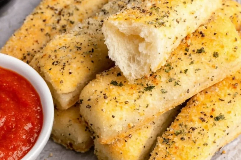 Delicious quick and easy sheet pan breadsticks fresh out of the oven.
