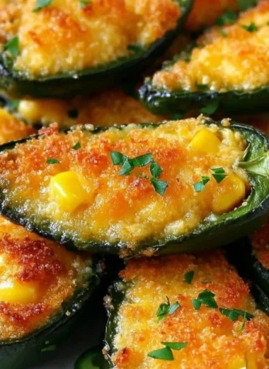 Baked jalapeno cornbread poppers topped with melted cheese and jalapenos