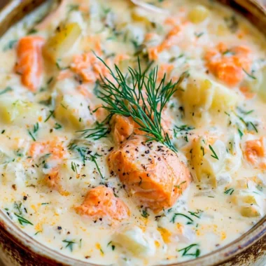 Delicious homemade salmon chowder soup served in a bowl
