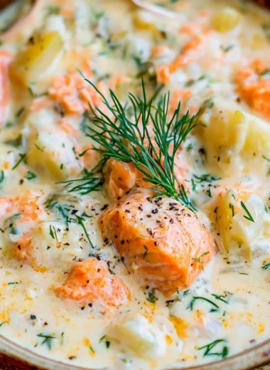 Delicious homemade salmon chowder soup served in a bowl