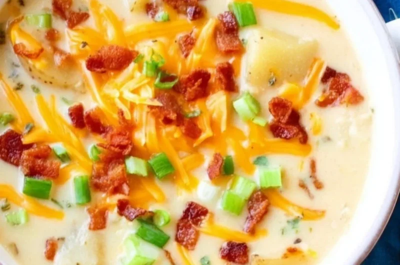 Bowl of slow cooker potato soup topped with green onions and bacon bits