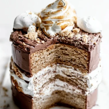 Delicious S'mores Layer Cake with chocolate layers and marshmallow frosting