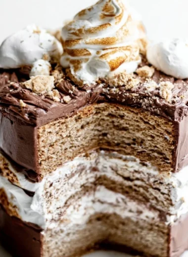 Delicious S'mores Layer Cake with chocolate layers and marshmallow frosting